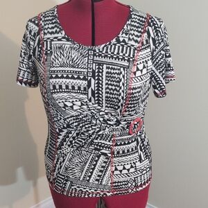 24K | Vintage Stylish Black and White Patterned Women's Top Polyester Blend